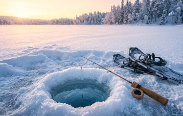 A private wood-fired sauna and an ice fishing hole on a frozen lake in Molkojärvi, Lapland