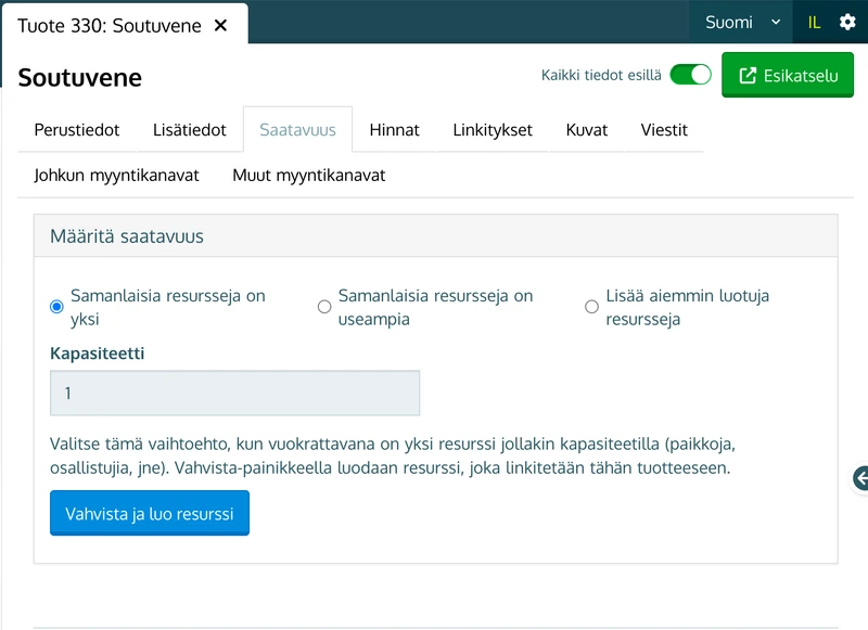 Määritä saatavuus: Samanlaisia resursseja on yksi -valinta ja Kapasiteetti-kenttä