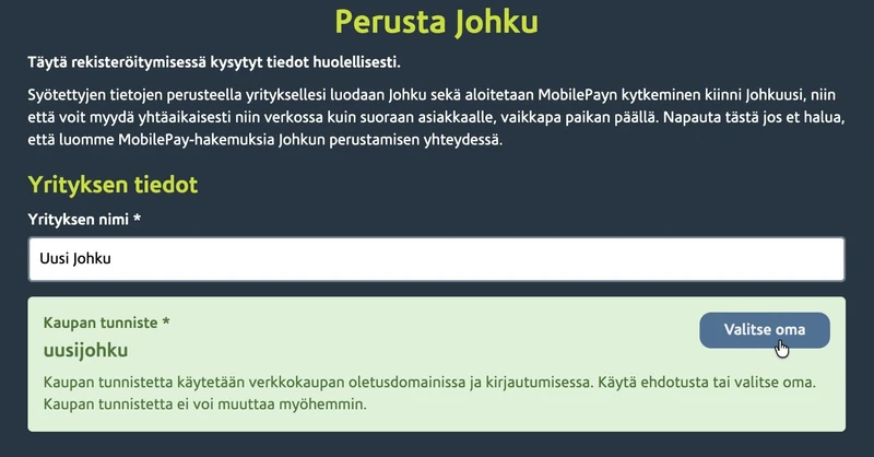 Kaupan tunniste -kenttä ja Valitse oma -painike rekisteröitymislomakkeella