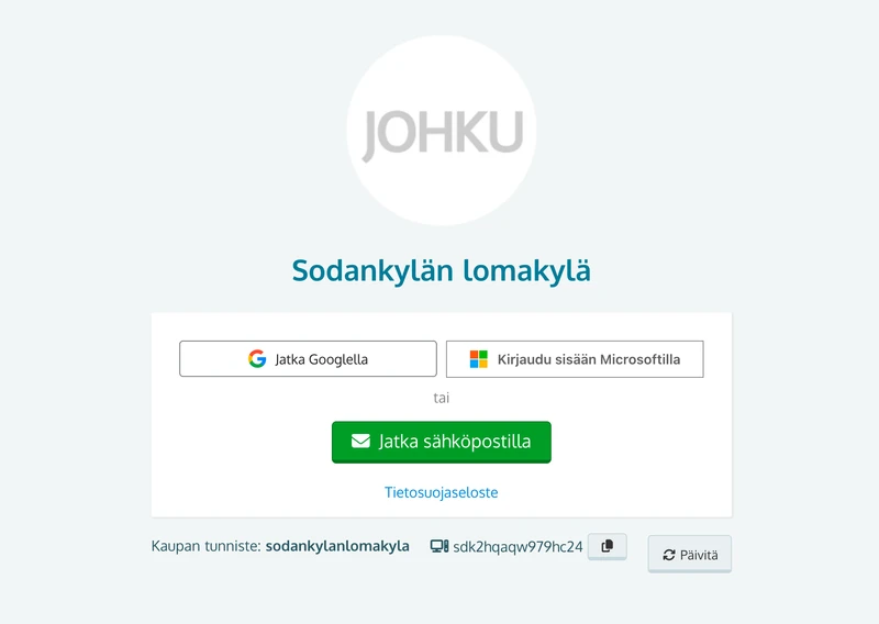 Johkun kirjautumissivu: Jatka sähköpostilla-, Jatka Googlella- ja Kirjaudu sisään Microsoftilla -painikkeet