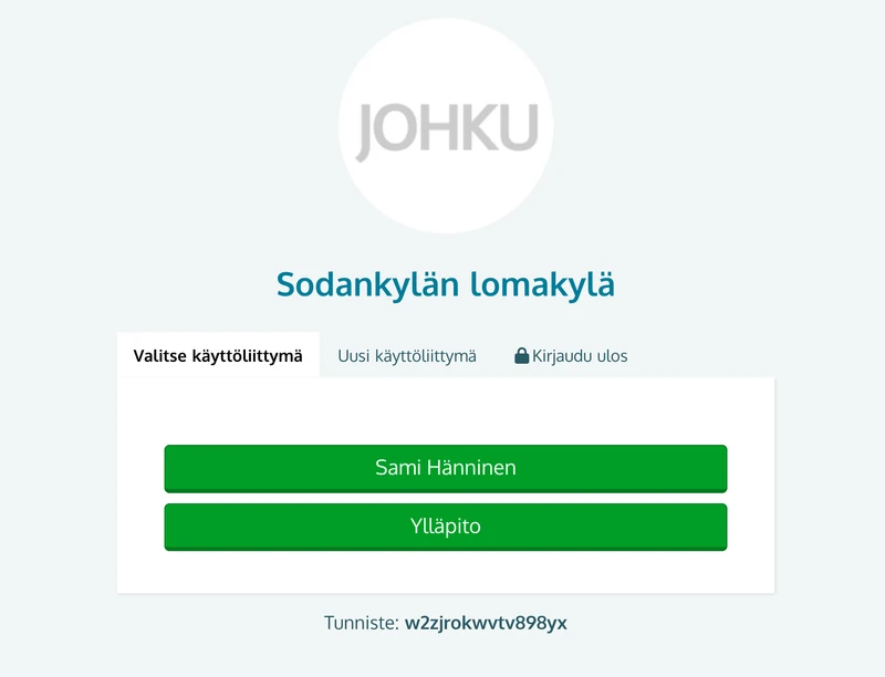 Valitse käyttöliittymä -näkymä kirjautumisen jälkeen, listalla käyttäjän nimi ja Ylläpito