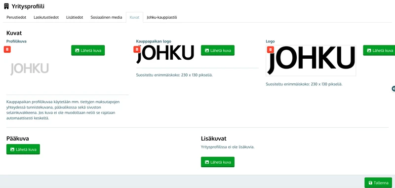 Kuvat-välilehti: profiilikuvan, kauppapaikan logon ja logon paikat