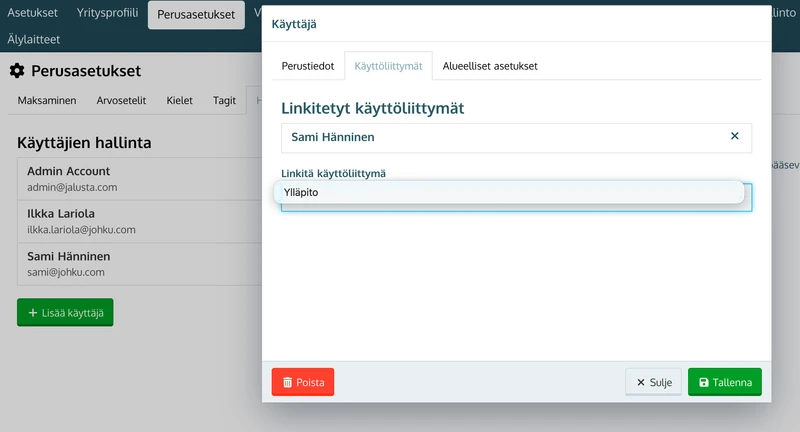 Käyttäjän Käyttöliittymät-välilehti: Linkitetyt käyttöliittymät ja Linkitä käyttöliittymä -valikko