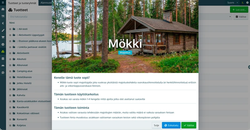 Tuotemallin Lisätiedot-näkymä: mallin kuvaus sekä Esikatselu- ja Valitse-painikkeet