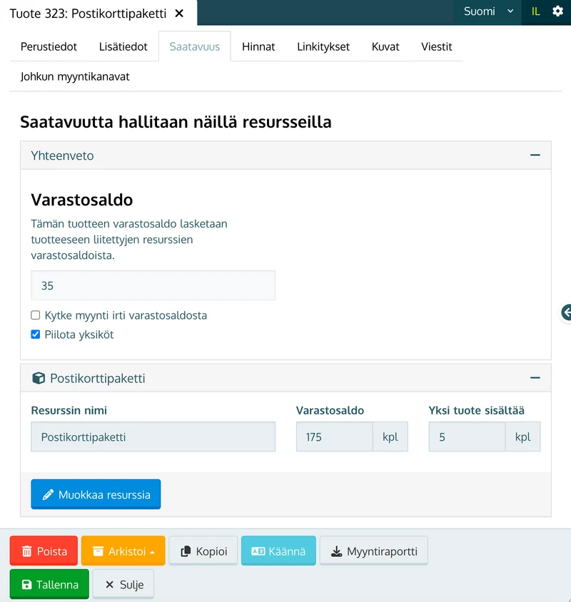 Saatavuus-välilehden Varastosaldo-kohta: saldo, Yksi tuote sisältää -asetus ja Kytke myynti irti varastosaldosta