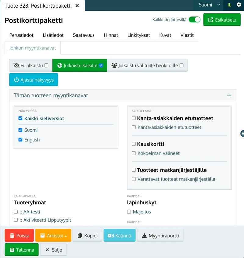 Johkun myyntikanavat -välilehti: Julkaistu kaikille, kieliversiot ja tuoteryhmät