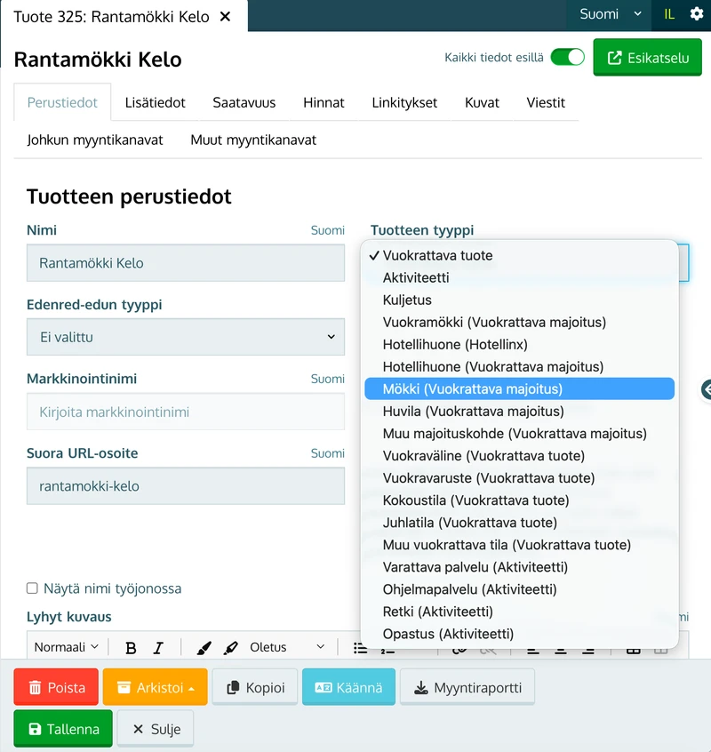 Tuotteen tyyppi -pudotusvalikko Perustiedot-välilehdellä, majoitustyypit valittavina