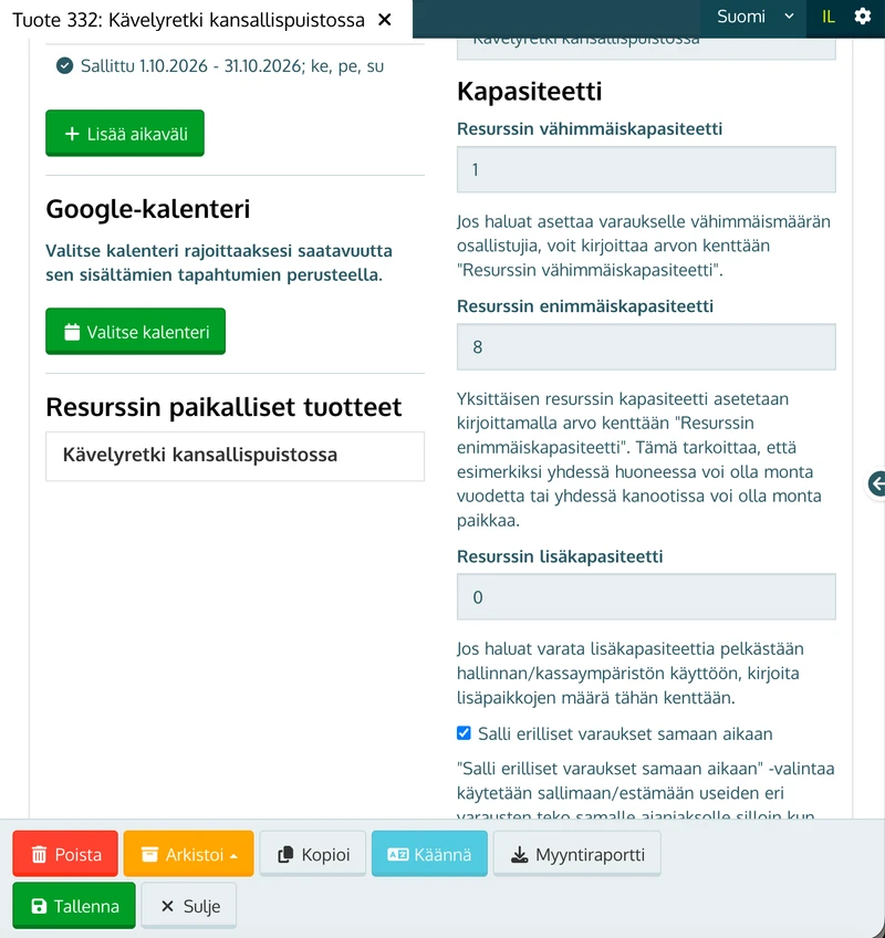 Resurssin kapasiteettikentät ja Salli erilliset varaukset samaan aikaan -valinta