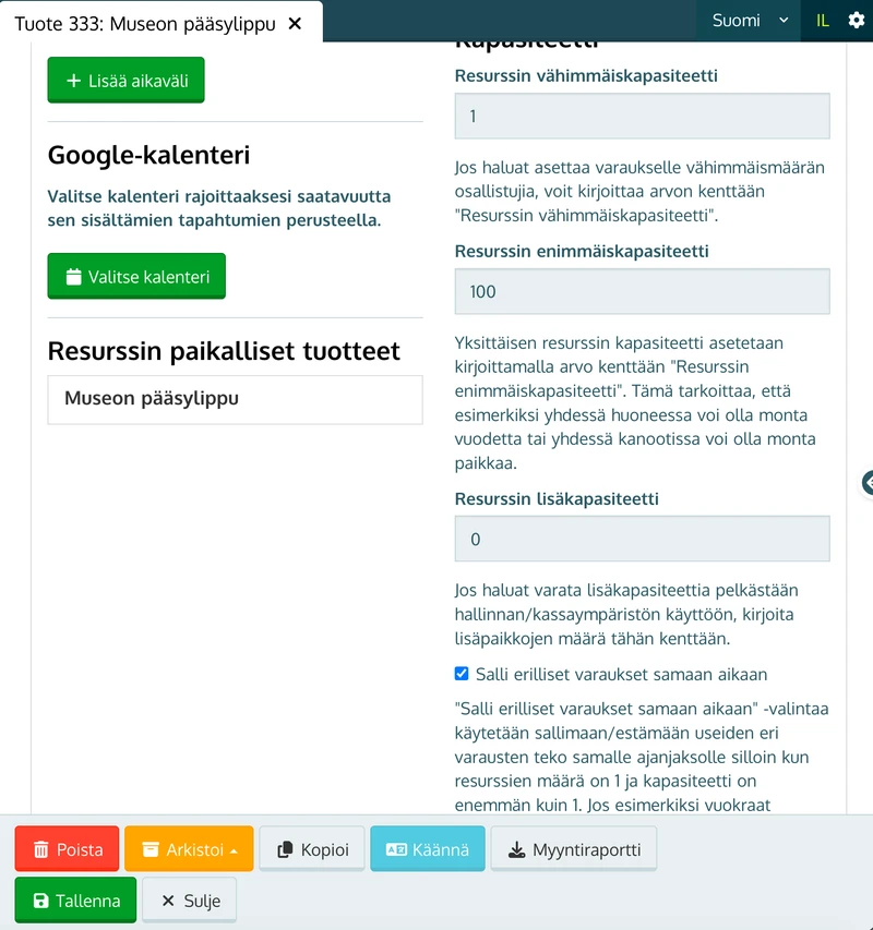 Resurssin kapasiteettikentät ja Salli erilliset varaukset samaan aikaan -valinta