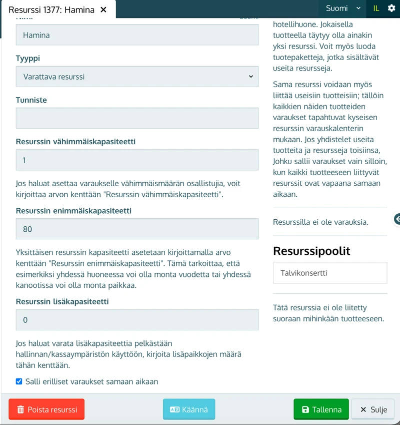 Tapahtumapaikkaresurssin muokkaus: nimi, kapasiteetti ja Salli erilliset varaukset samaan aikaan