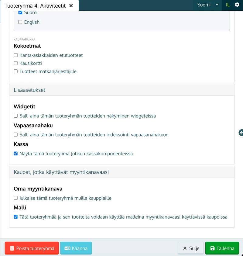 Tuoteryhmän Myyntikanavat-välilehden Malli-kohta ja malliasetus valittuna