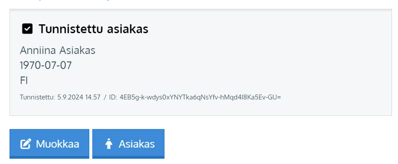 Tunnistettu asiakas -kohta tilauksella: nimi, syntymäaika, kansalaisuus, aikaleima ja ID