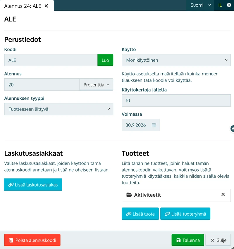 Alennuskoodin asetukset: Alennus, Alennuksen tyyppi, Käyttö, Käyttökertoja jäljellä, Voimassa ja tuoterajaus