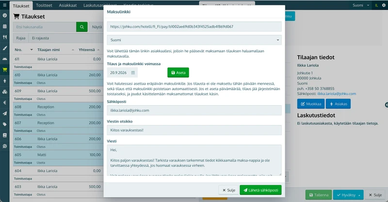 Maksulinkki-ikkuna: linkki, kielivalinta, Tilaus ja maksulinkki voimassa, viestikentät ja Lähetä sähköposti