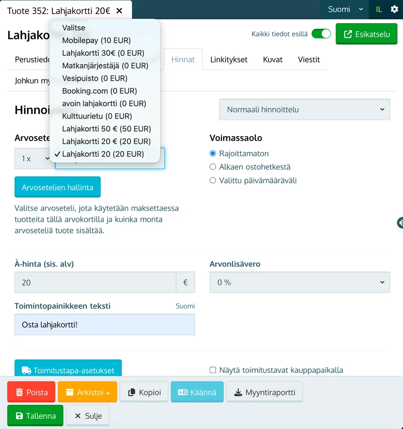 Arvokorttituotteen Hinnat-välilehti Johkun hallinnassa: Arvoseteli-valikko avattuna, valittuna Lahjakortti 20 (20 EUR), kappalemäärä 1 x
