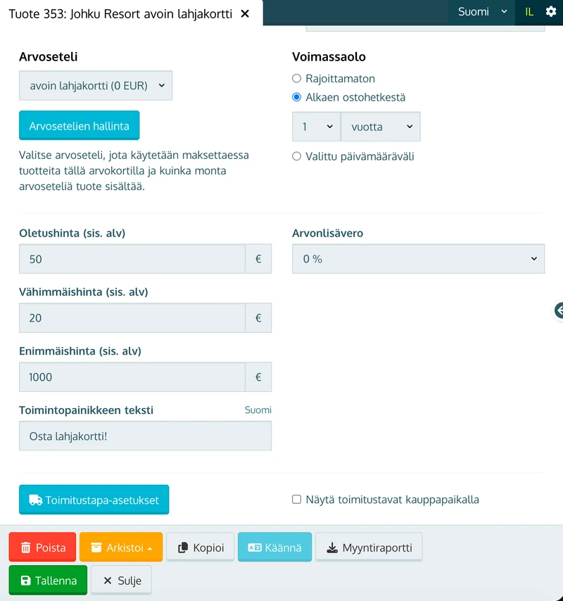 Arvokorttituotteen Hinnat-välilehti Johkun hallinnassa: arvoseteli avoin lahjakortti (0 EUR), oletushinta 50 €, vähimmäishinta 20 €, enimmäishinta 1000 €
