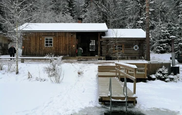 Savusauna on metsän laidassa, lammen rannalla