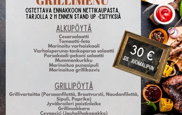 Täydennä Stand Up -elämys Keittiömestarin rennolla Grill & Chill -kesäpöydällä - Tee elämyksestä vieläkin parempi ja osta jo ennakkoon rento ja grillihiililtä tuoksuva Keittiömestarin Kesäpöytä. 

Rento kattaus sisältää raikkaan alkupalapöydän ja suoraan grillistä tuhdinpaa tavaraa jälkkäriä unohtamatta. Hinta sisältää myös yhden juomalipun.

Kesäpöytä on katettuna kaksi tuntia ennen esitystä.