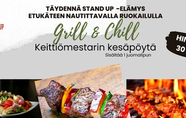 Täydennä Stand Up -elämys Keittiömestarin rennolla Grill & Chill -kesäpöydällä - Tee elämyksestä vieläkin parempi ja osta jo ennakkoon rento ja grillihiililtä tuoksuva Keittiömestarin Kesäpöytä. 

Rento kattaus sisältää raikkaan alkupalapöydän ja suoraan grillistä tuhdinpaa tavaraa jälkkäriä unohtamatta. Hinta sisältää myös yhden juomalipun.

Kesäpöytä on katettuna kaksi tuntia ennen esitystä.