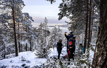 Retrkeilijä Haukkavuorella ihailee Päijännettä - Haukkavuoren huippu on noin 100 m Päijänteen pinnana yläpuolella. Olemme suojelleet Metso-suojeluohjelmalla vuoren Päijänteen puoleisen rinteen, jossa kasvaa mm. noin 400 vuotiaita mäntyjä. Vuoren rinteet ovat paikoitellen todella jyrkkiä. Huipulla voi kohdata hirviä.