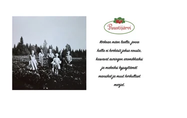 Mansikoita poimimassa vasemmalta Elsa-emäntä, isäntäpari Pentti ja Maija sekä oman kylän väkeä 1960-luvulla. 1960-luvulla.